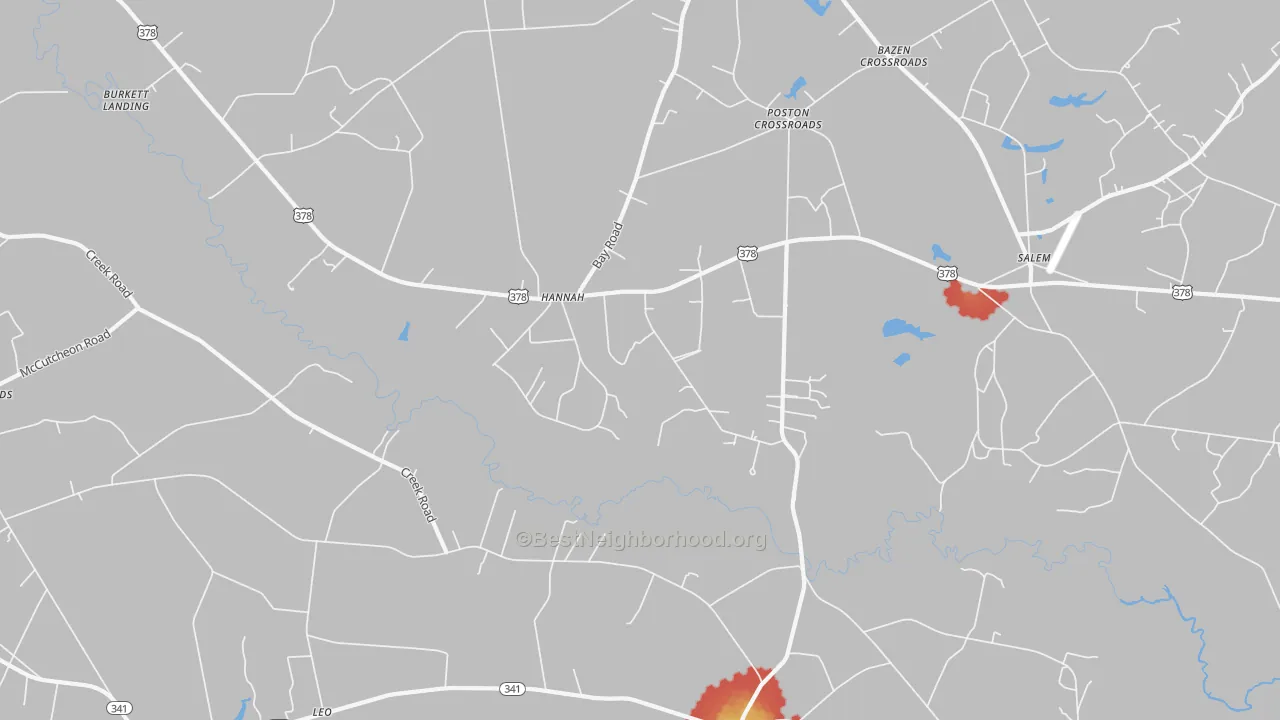 Walk Grade map of Hannah, SC, walkable areas in green and car-dependent areas in red