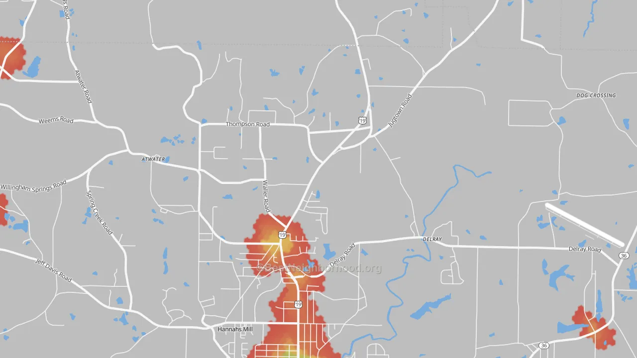 Walk Grade map of Hannahs Mill, GA, walkable areas in green and car-dependent areas in red