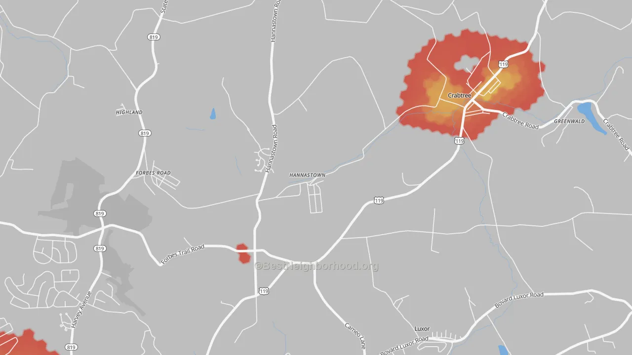 Walk Grade map of Hannastown, PA, walkable areas in green and car-dependent areas in red