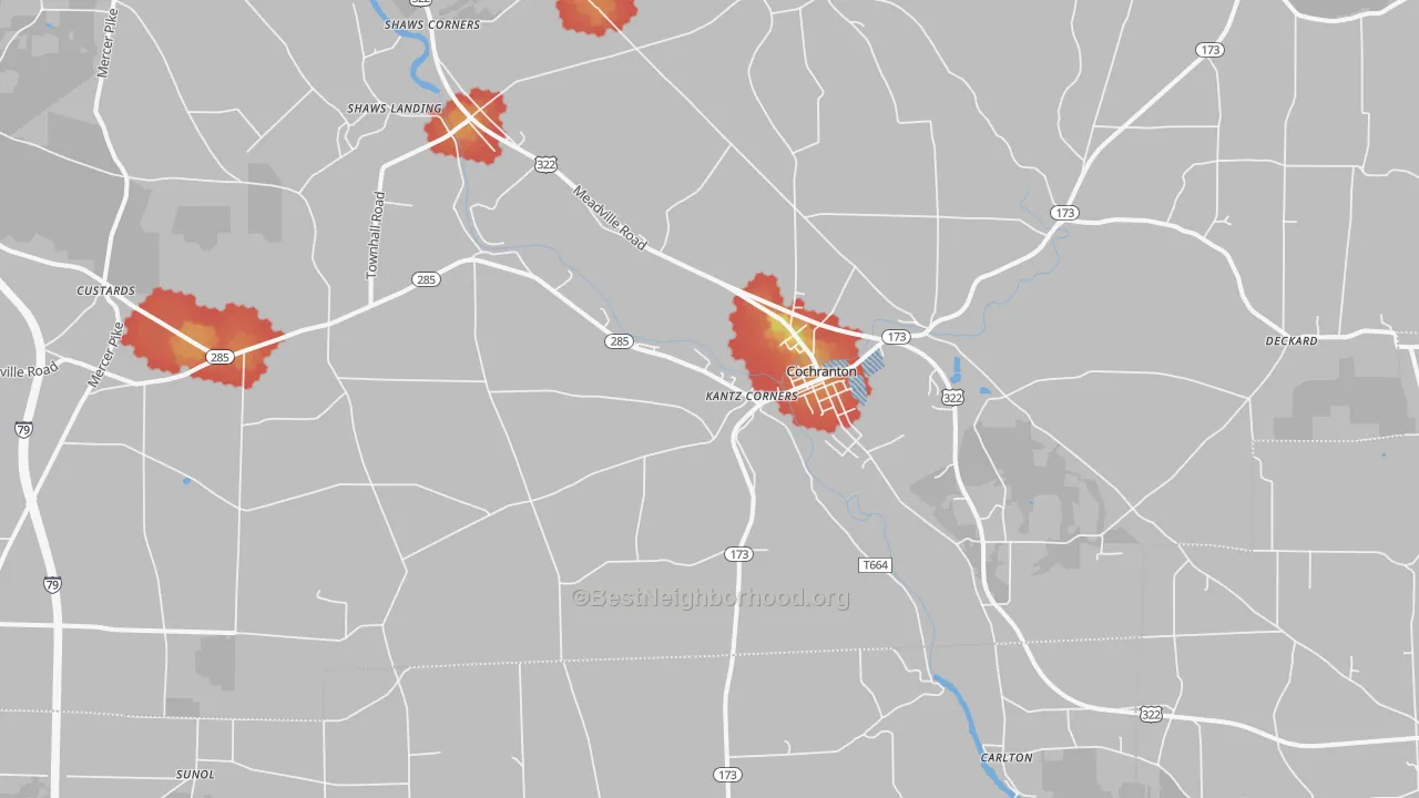Walk Grade map of Hannasville, PA, walkable areas in green and car-dependent areas in red