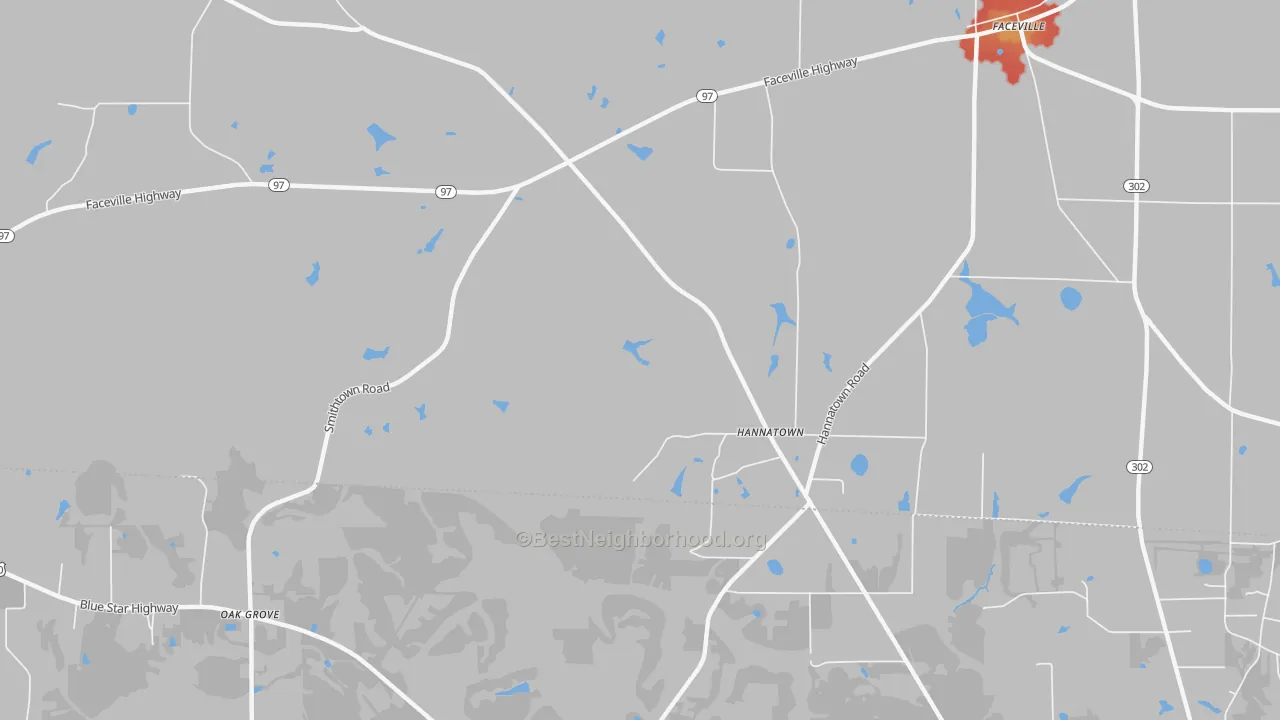 Walk Grade map of Hannatown, GA, walkable areas in green and car-dependent areas in red