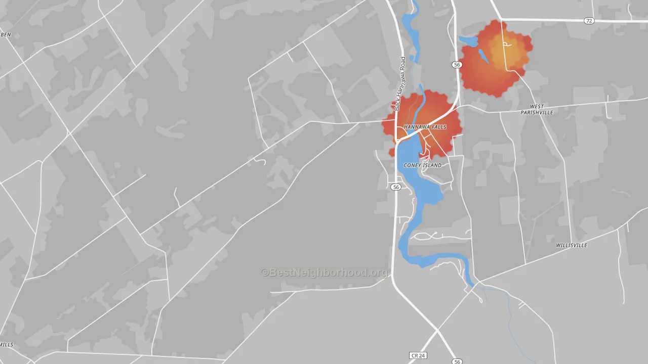 Walk Grade map of Hannawa Falls, NY, walkable areas in green and car-dependent areas in red