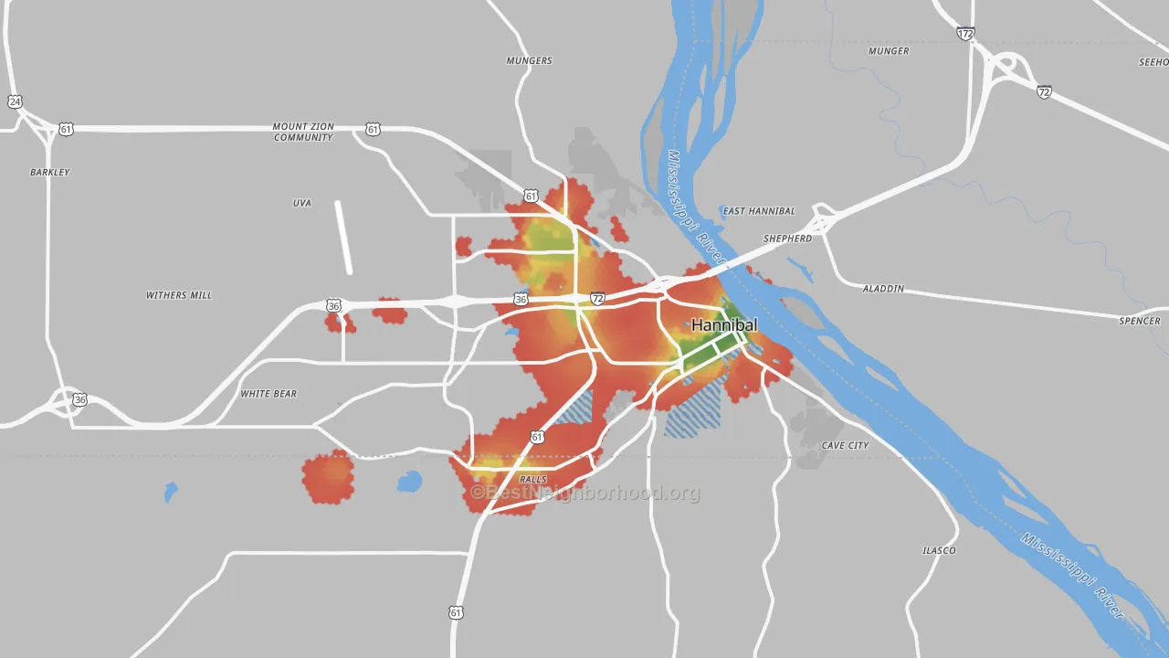 Walk Grade map of Hannibal, MO, walkable areas in green and car-dependent areas in red