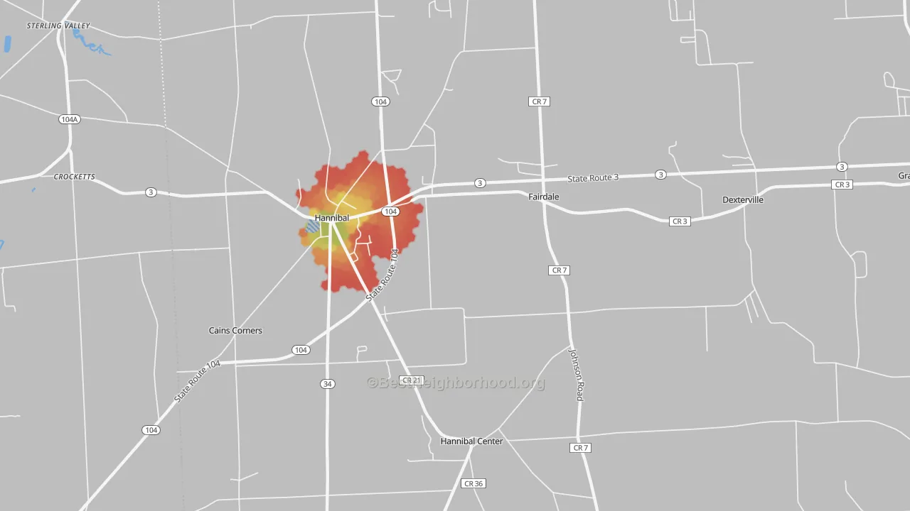 Walk Grade map of Hannibal, NY, walkable areas in green and car-dependent areas in red