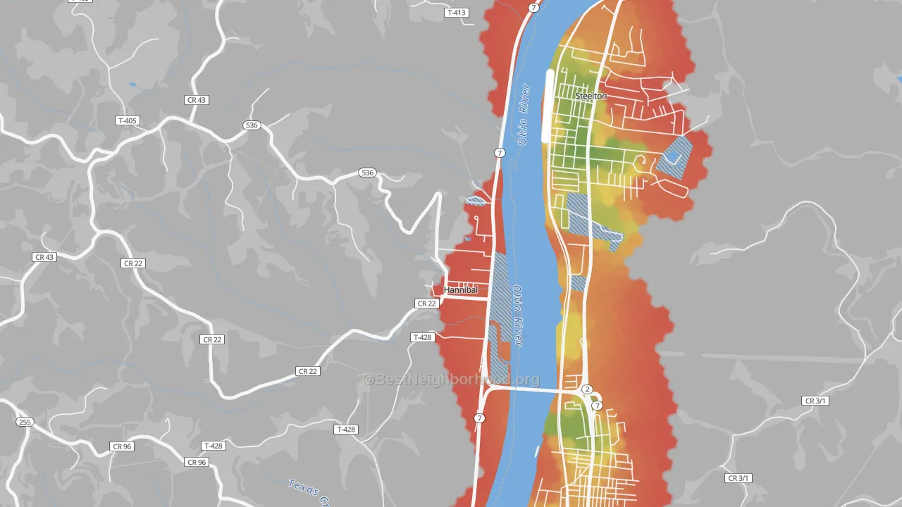 Walk Grade map of Hannibal, OH, walkable areas in green and car-dependent areas in red