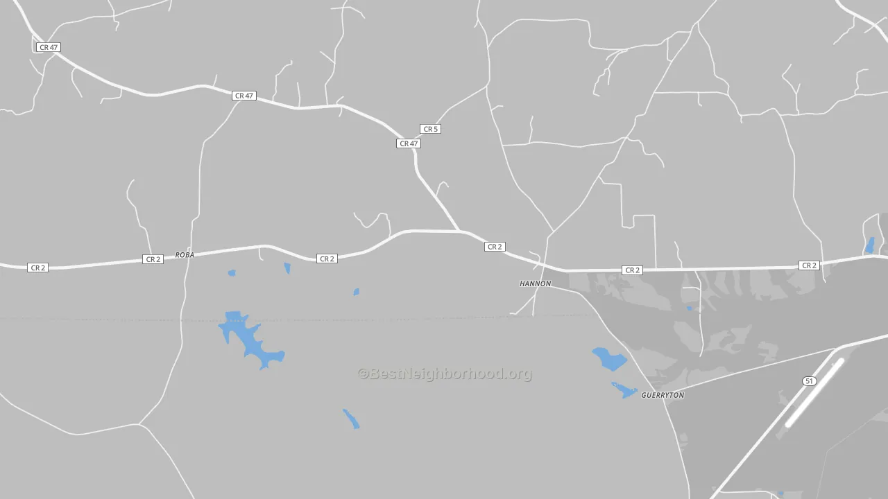 Walk Grade map of Hannon, AL, walkable areas in green and car-dependent areas in red