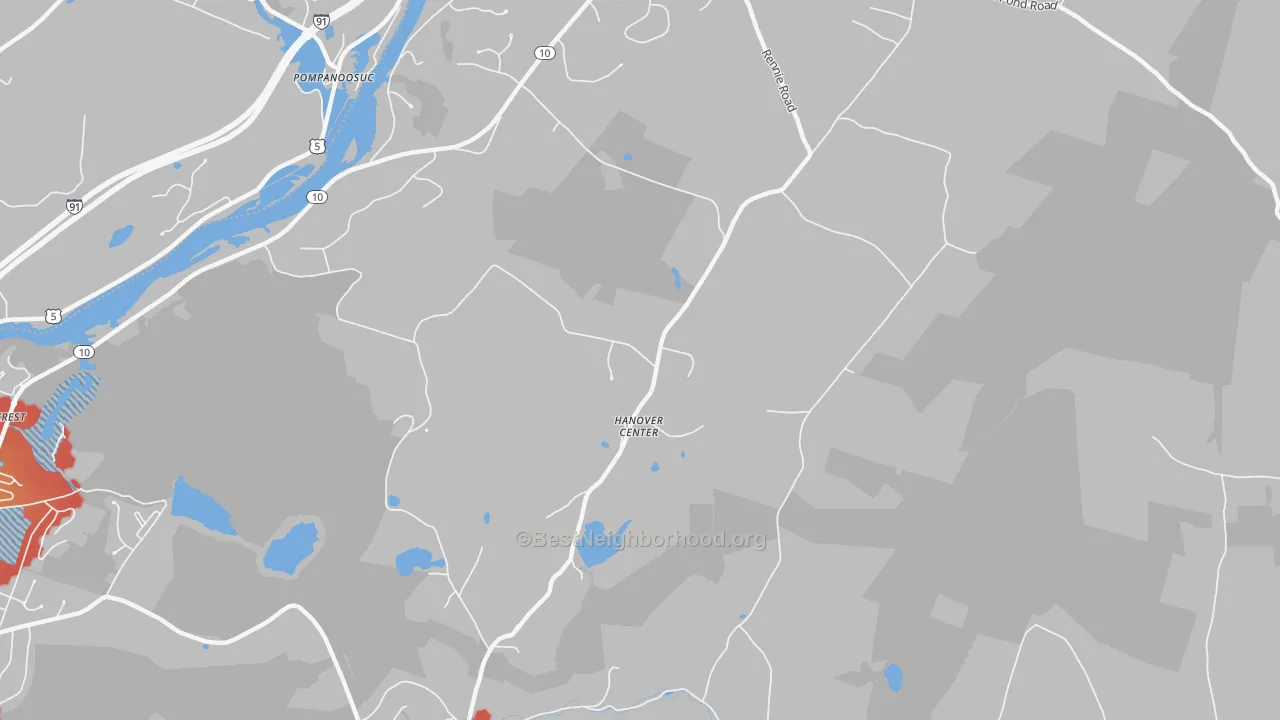 Walk Grade map of Hanover Center, NH, walkable areas in green and car-dependent areas in red