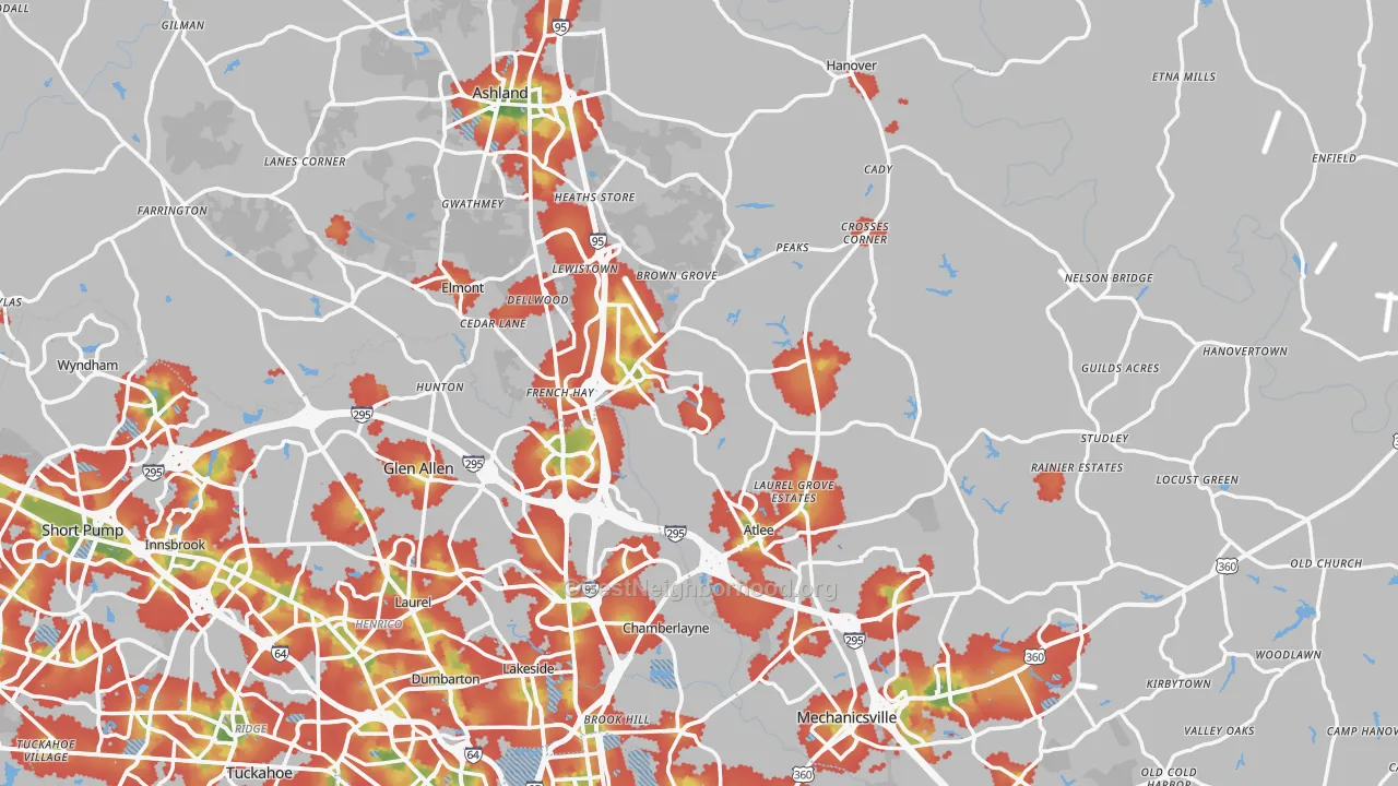 Walk Grade map of Hanover County, VA, walkable areas in green and car-dependent areas in red