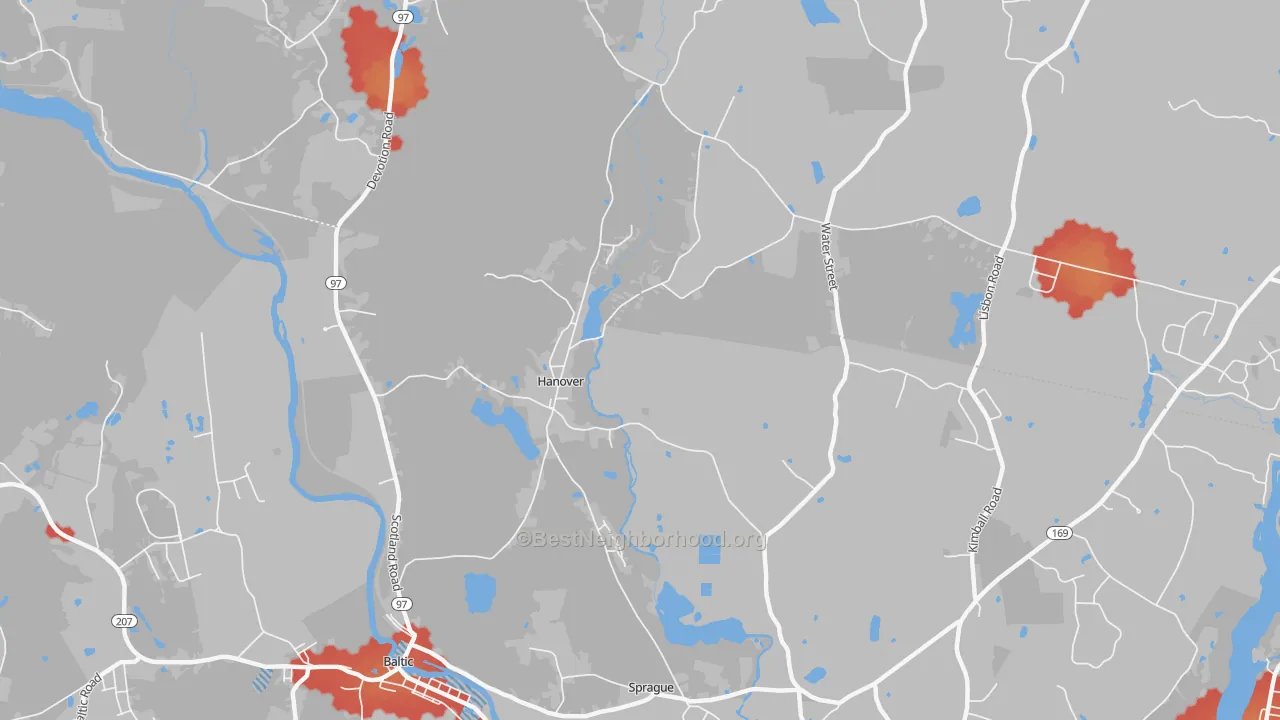 Walk Grade map of Hanover, CT, walkable areas in green and car-dependent areas in red