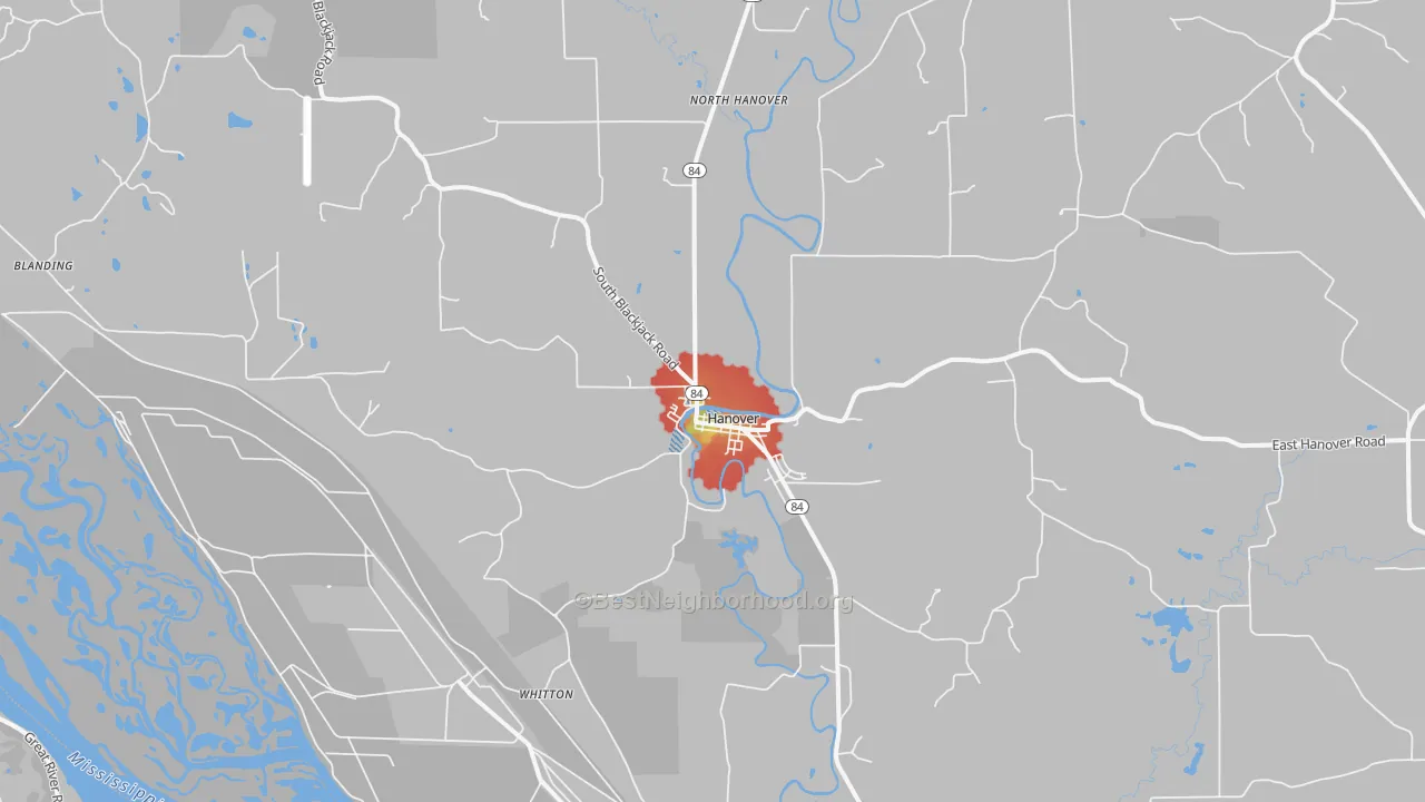 Walk Grade map of Hanover, IL, walkable areas in green and car-dependent areas in red