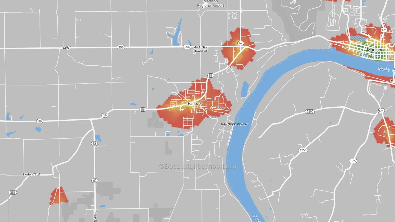 Walk Grade map of Hanover, IN, walkable areas in green and car-dependent areas in red