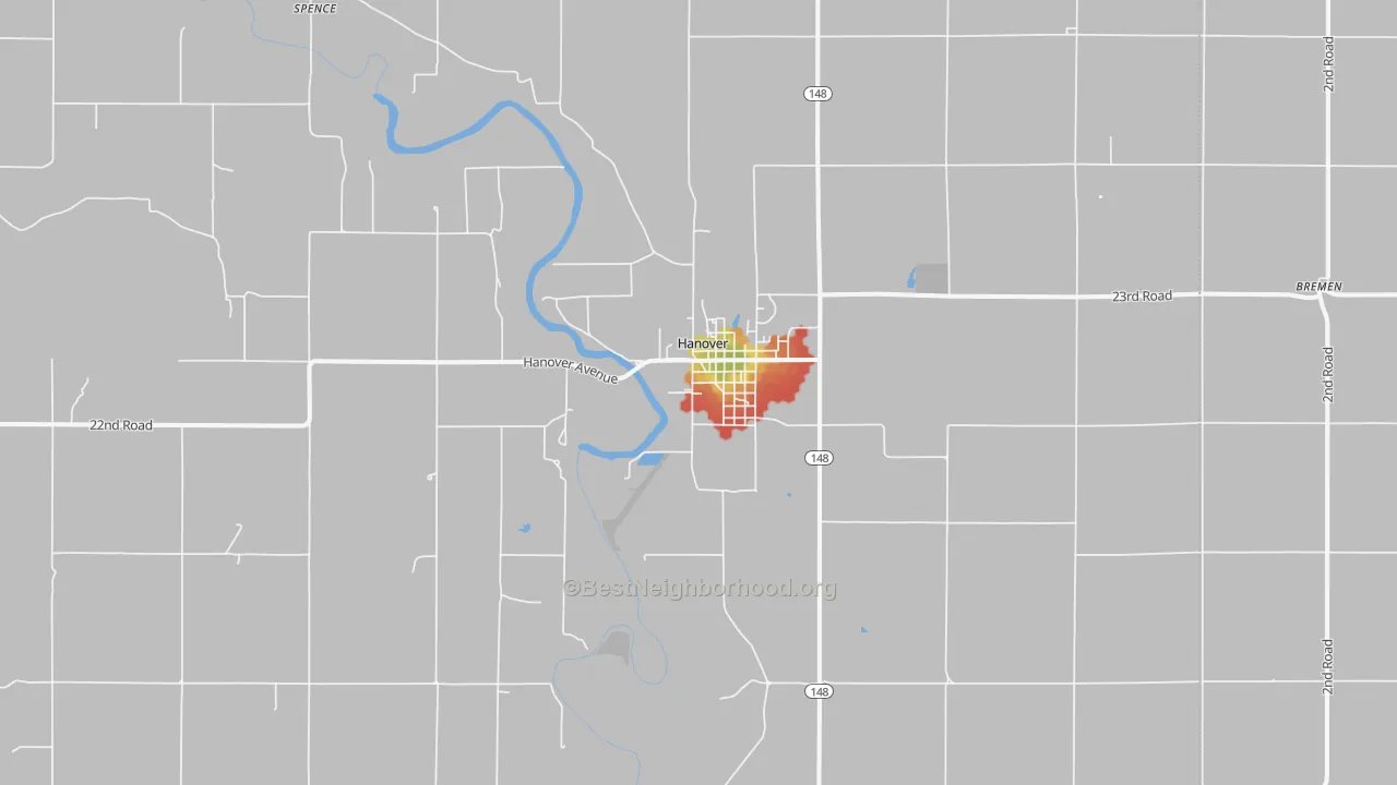 Walk Grade map of Hanover, KS, walkable areas in green and car-dependent areas in red