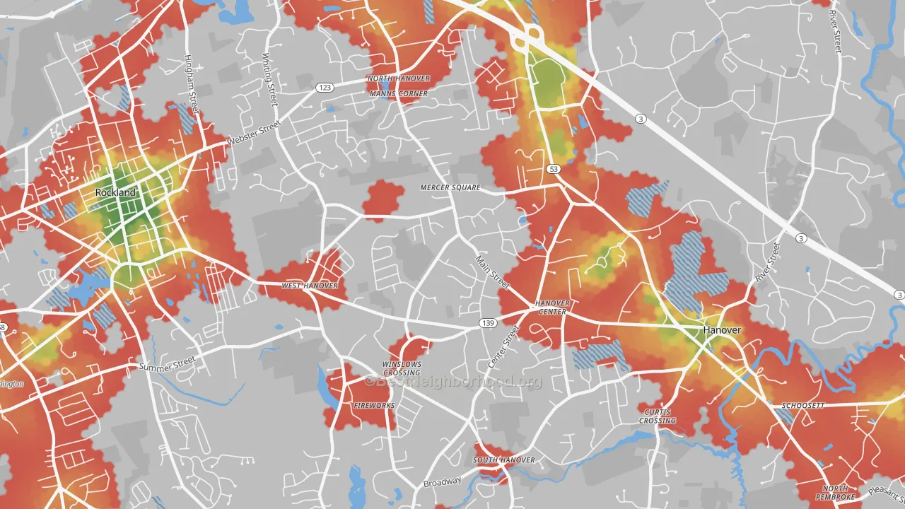 Walk Grade map of Hanover, MA, walkable areas in green and car-dependent areas in red