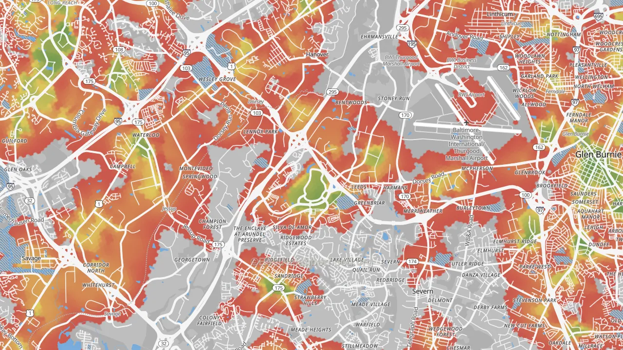 Walk Grade map of Hanover, MD, walkable areas in green and car-dependent areas in red