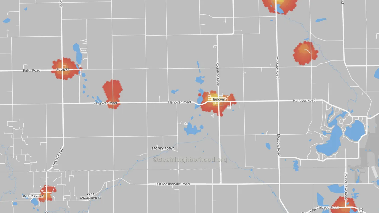 Walk Grade map of Hanover, MI, walkable areas in green and car-dependent areas in red