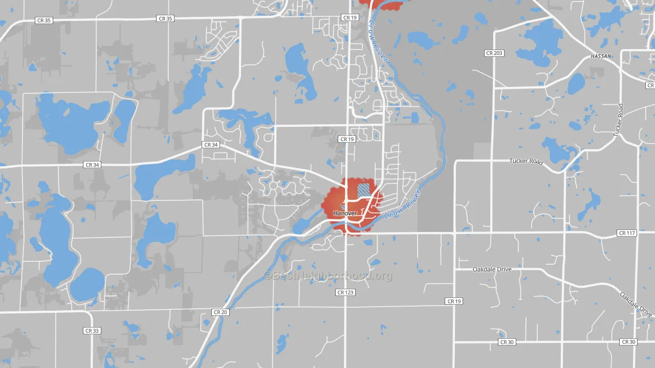Walk Grade map of Hanover, MN, walkable areas in green and car-dependent areas in red