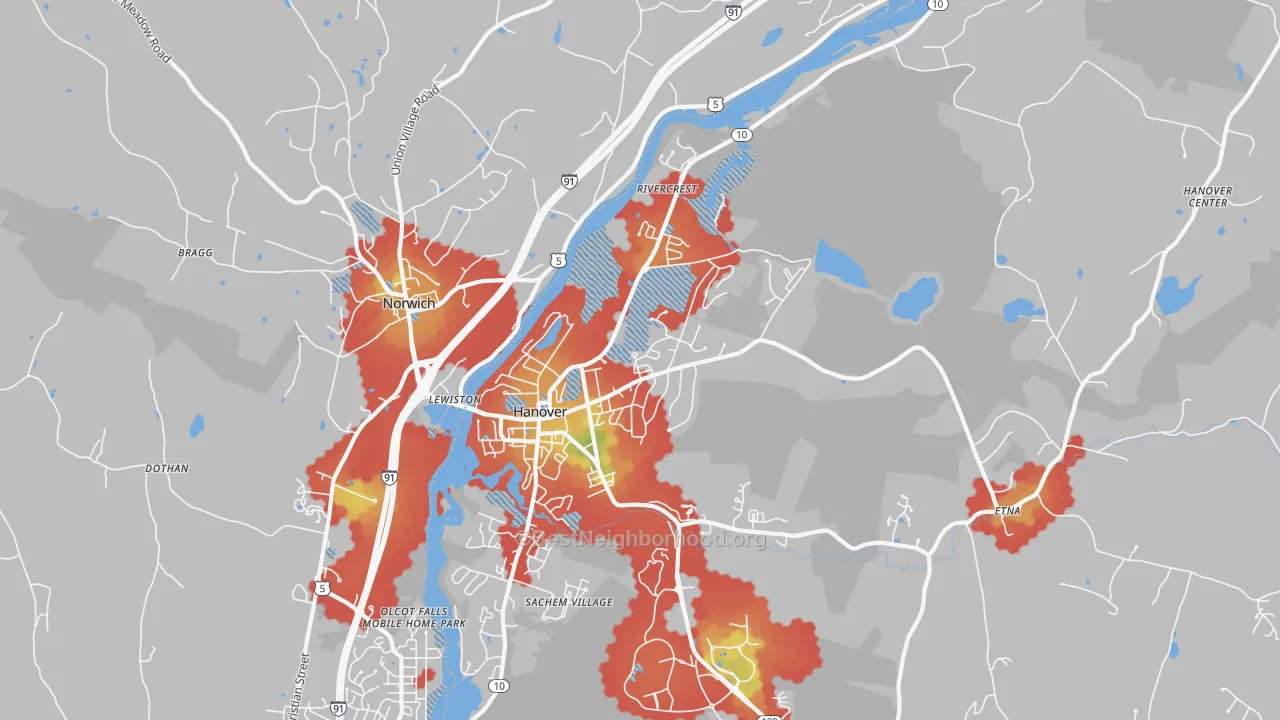 Walk Grade map of Hanover, NH, walkable areas in green and car-dependent areas in red