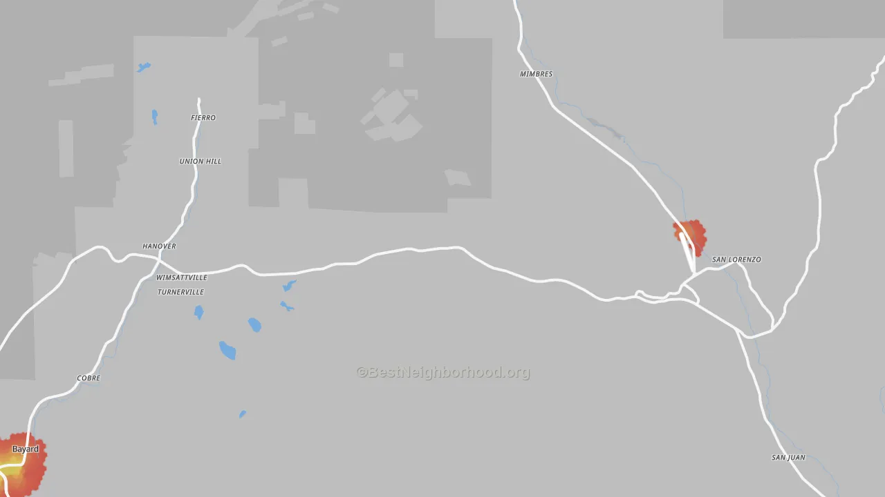 Walk Grade map of Hanover, NM, walkable areas in green and car-dependent areas in red