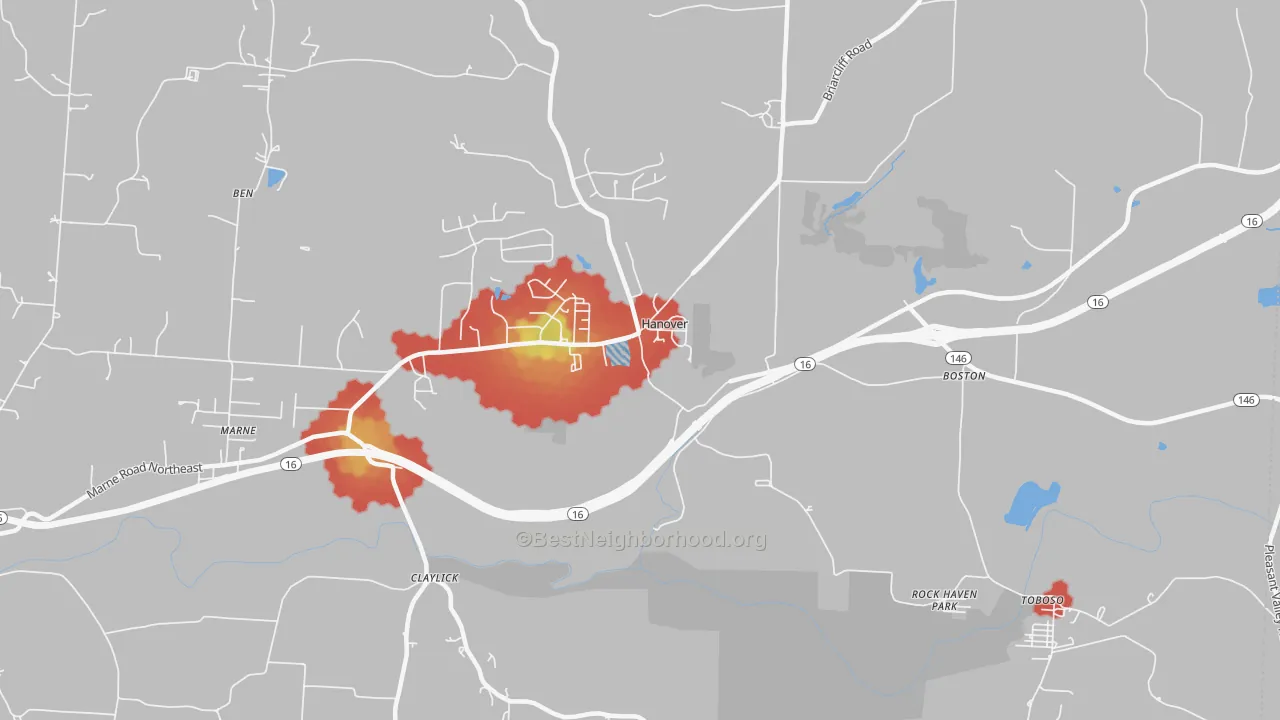 Walk Grade map of Hanover, OH, walkable areas in green and car-dependent areas in red