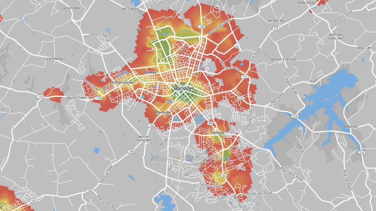 Walk Grade map of Hanover, PA, walkable areas in green and car-dependent areas in red