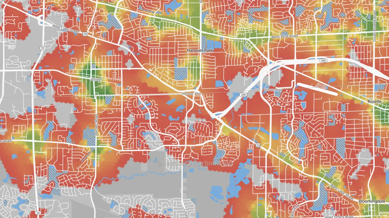 Walk Grade map of Hanover Park, IL, walkable areas in green and car-dependent areas in red