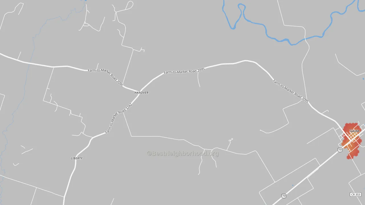 Walk Grade map of Hanover, TX, walkable areas in green and car-dependent areas in red