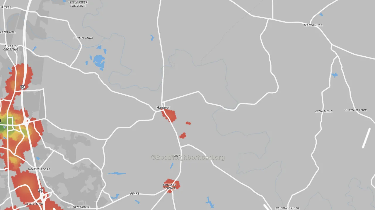 Walk Grade map of Hanover, VA, walkable areas in green and car-dependent areas in red