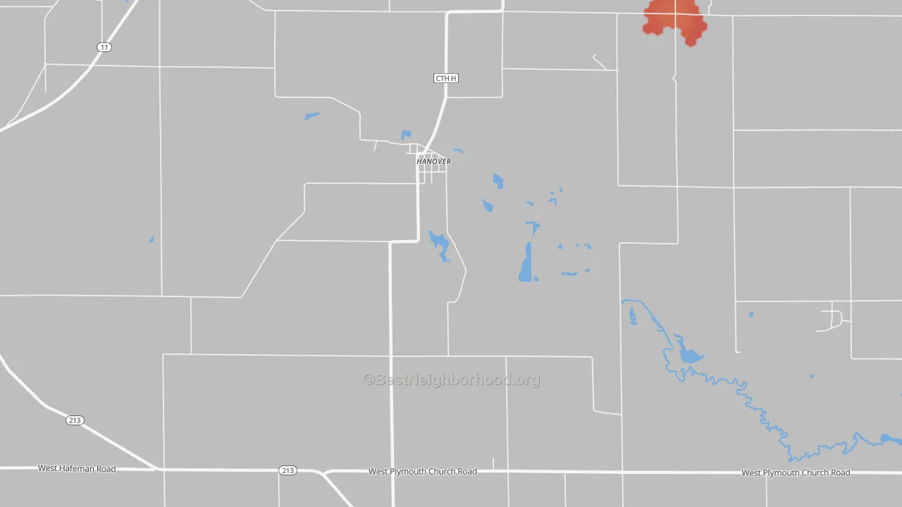 Walk Grade map of Hanover, WI, walkable areas in green and car-dependent areas in red