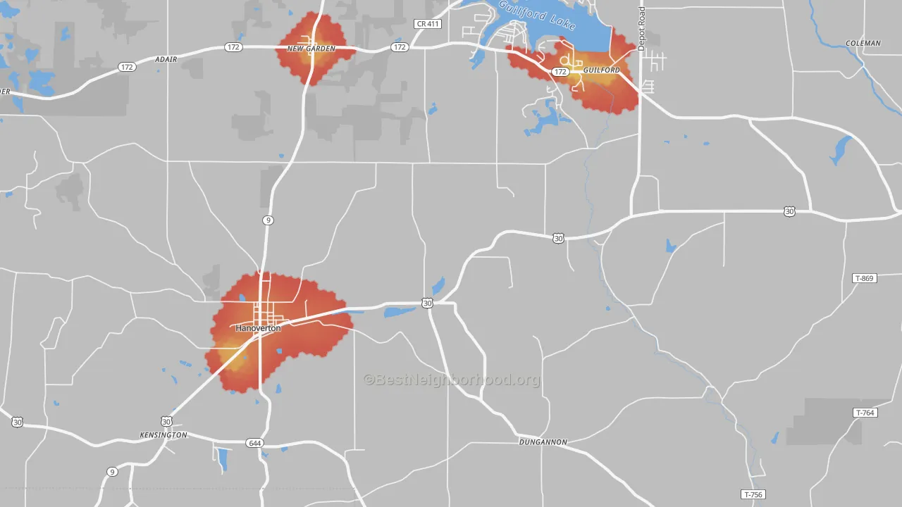 Walk Grade map of Hanoverton, OH, walkable areas in green and car-dependent areas in red