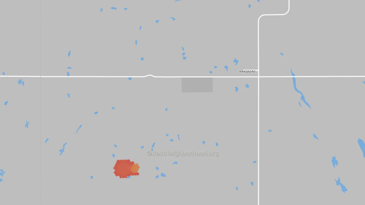Walk Grade map of Hansboro, ND, walkable areas in green and car-dependent areas in red