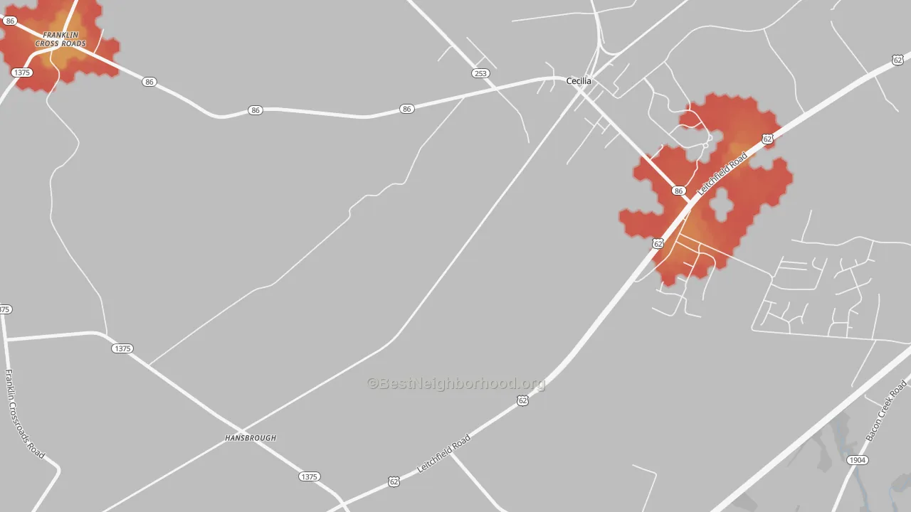Walk Grade map of Hansbrough, KY, walkable areas in green and car-dependent areas in red