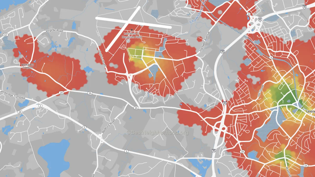 Walk Grade map of Hanscom Afb, MA, walkable areas in green and car-dependent areas in red