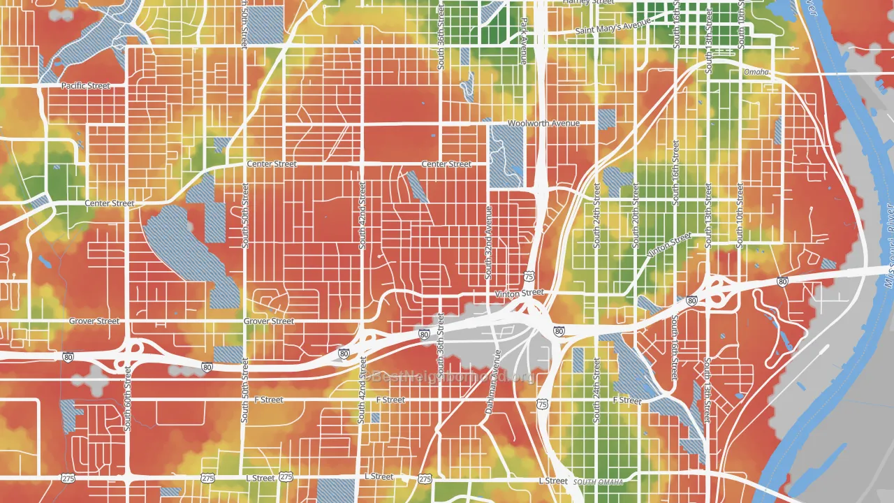 Walk Grade map of Hanscom Park, Omaha, NE, walkable areas in green and car-dependent areas in red