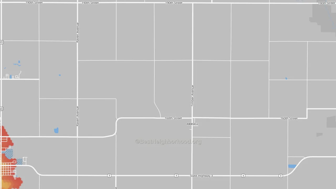 Walk Grade map of Hansell, IA, walkable areas in green and car-dependent areas in red