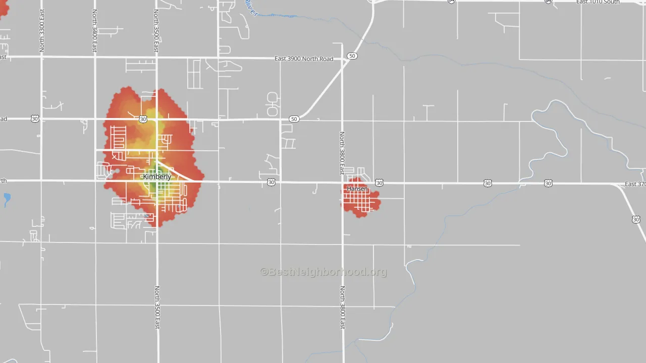 Walk Grade map of Hansen, ID, walkable areas in green and car-dependent areas in red