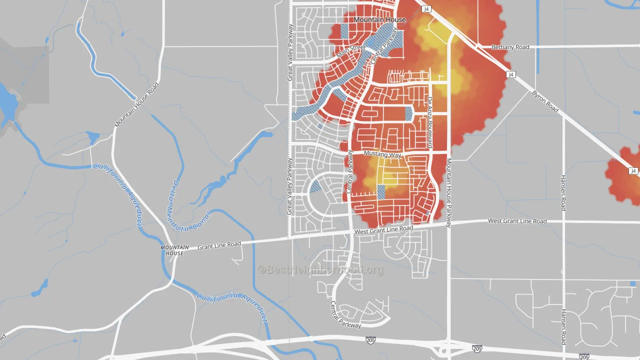 Walk Grade map of Hansen, Mountain House, CA, walkable areas in green and car-dependent areas in red