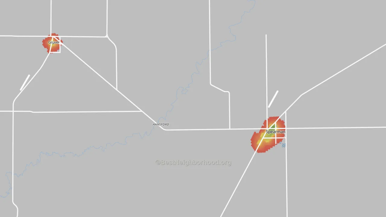 Walk Grade map of Hansford County, TX, walkable areas in green and car-dependent areas in red