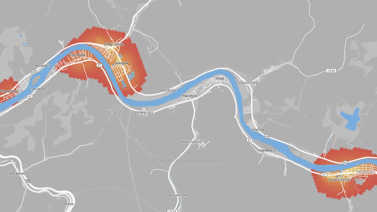 Walk Grade map of Hansford, WV, walkable areas in green and car-dependent areas in red