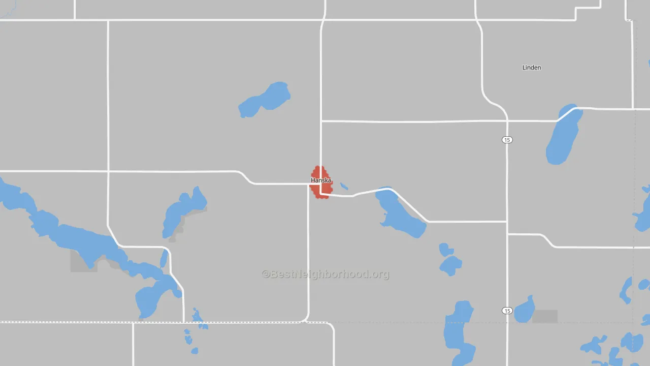 Walk Grade map of Hanska, MN, walkable areas in green and car-dependent areas in red