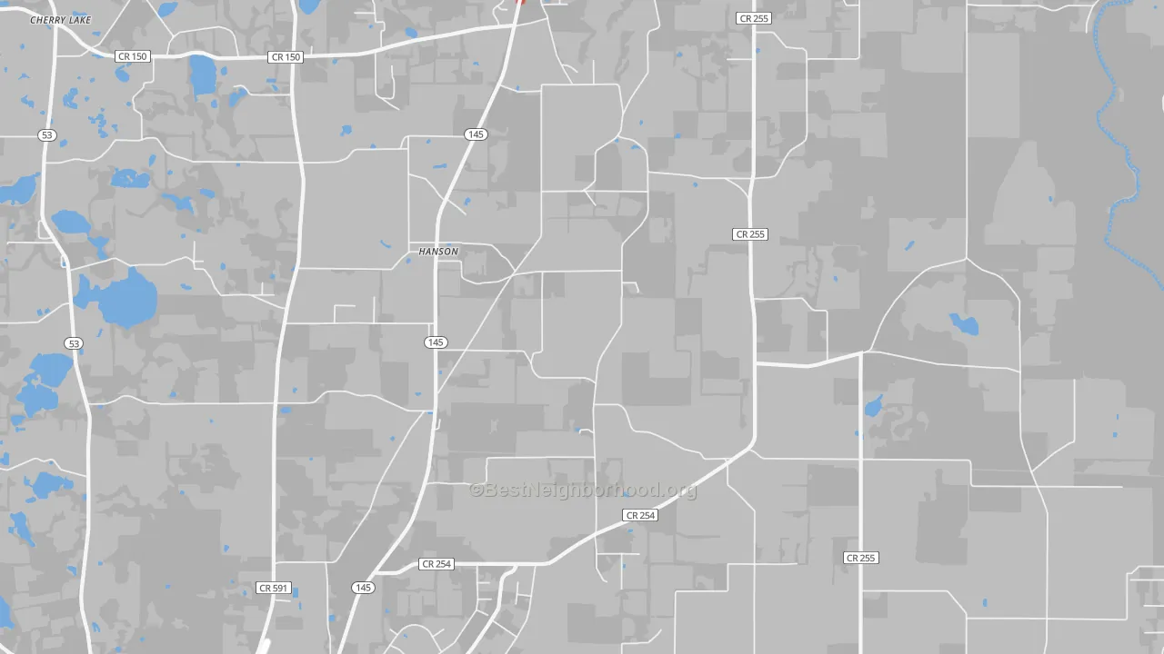 Walk Grade map of Hanson, FL, walkable areas in green and car-dependent areas in red
