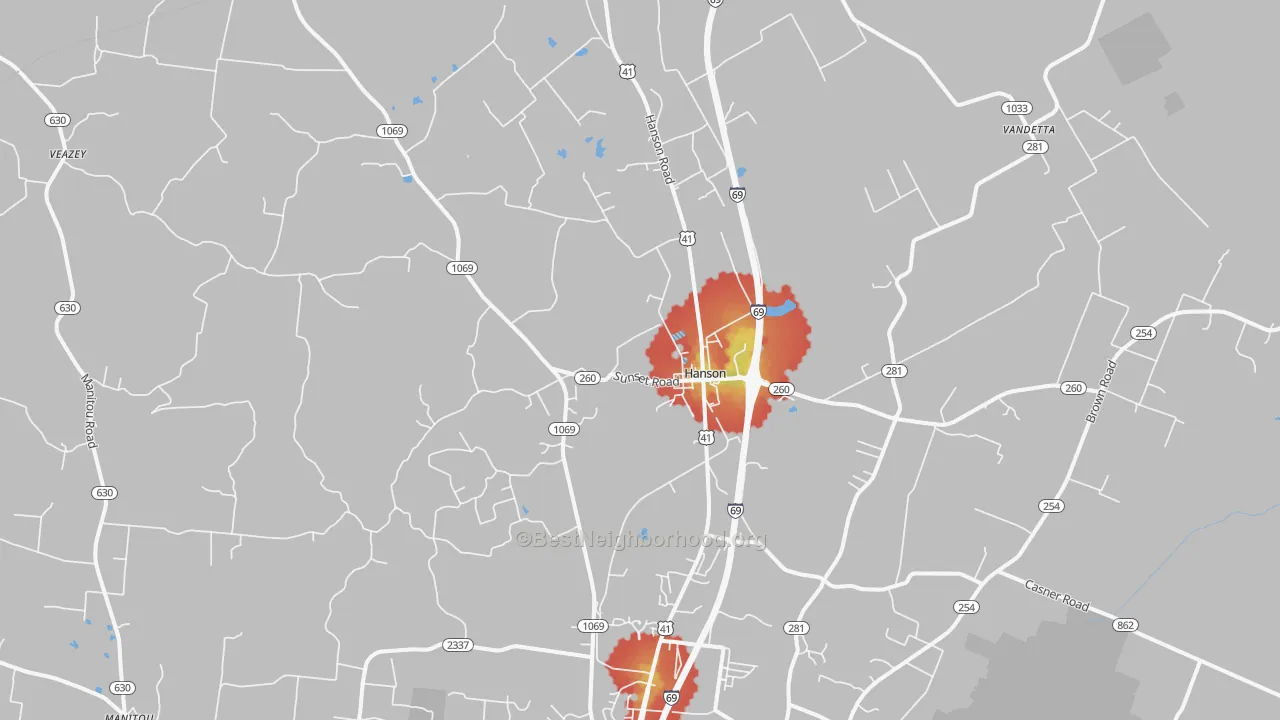 Walk Grade map of Hanson, KY, walkable areas in green and car-dependent areas in red