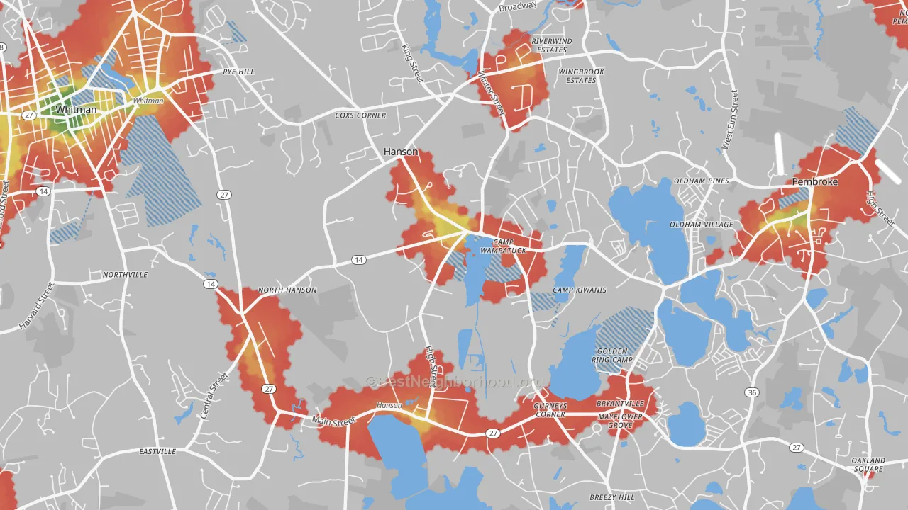 Walk Grade map of Hanson, MA, walkable areas in green and car-dependent areas in red