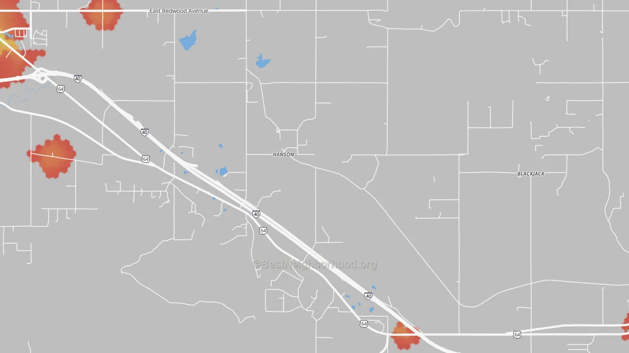 Walk Grade map of Hanson, OK, walkable areas in green and car-dependent areas in red