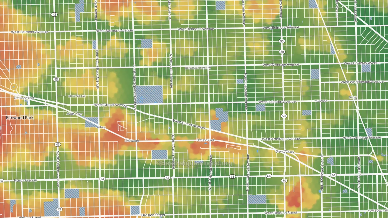 Walk Grade map of Hanson Park, Chicago, IL, walkable areas in green and car-dependent areas in red