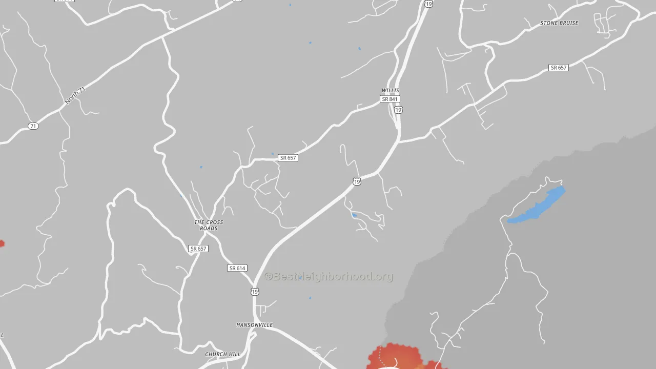 Walk Grade map of Hansonville, VA, walkable areas in green and car-dependent areas in red