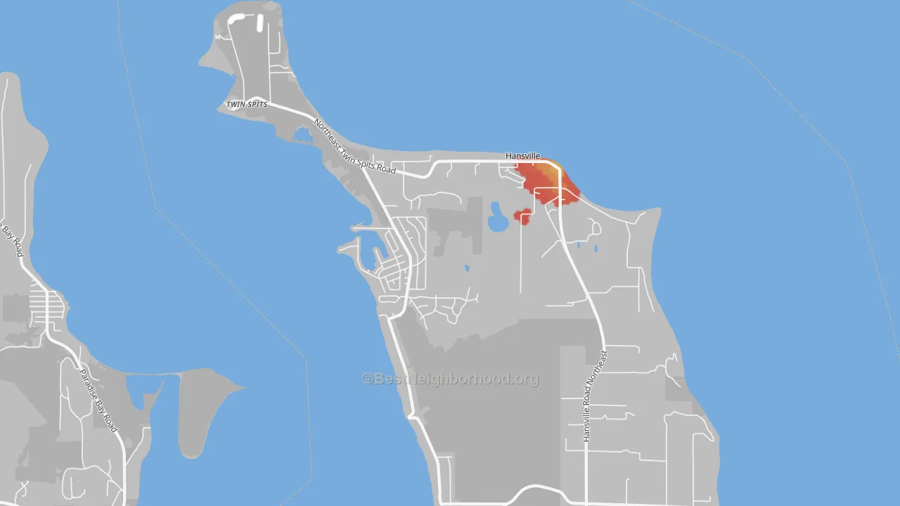 Walk Grade map of Hansville, WA, walkable areas in green and car-dependent areas in red