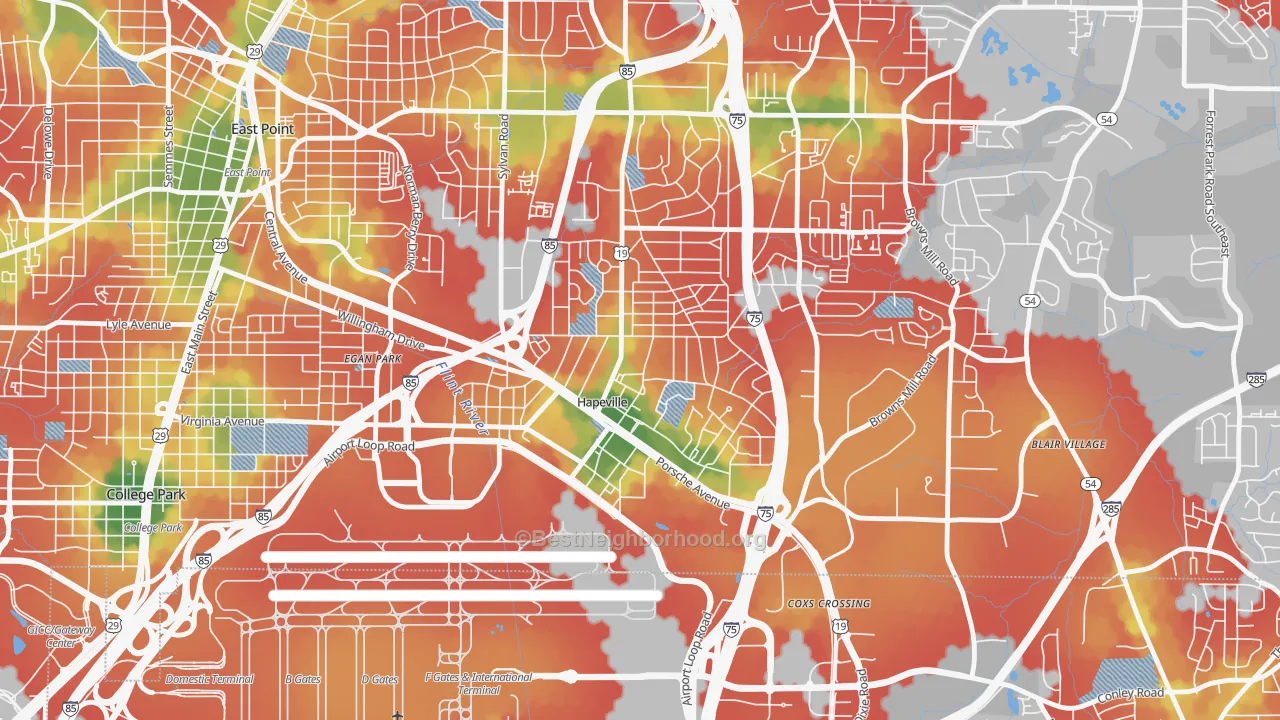 Walk Grade map of Hapeville, GA, walkable areas in green and car-dependent areas in red