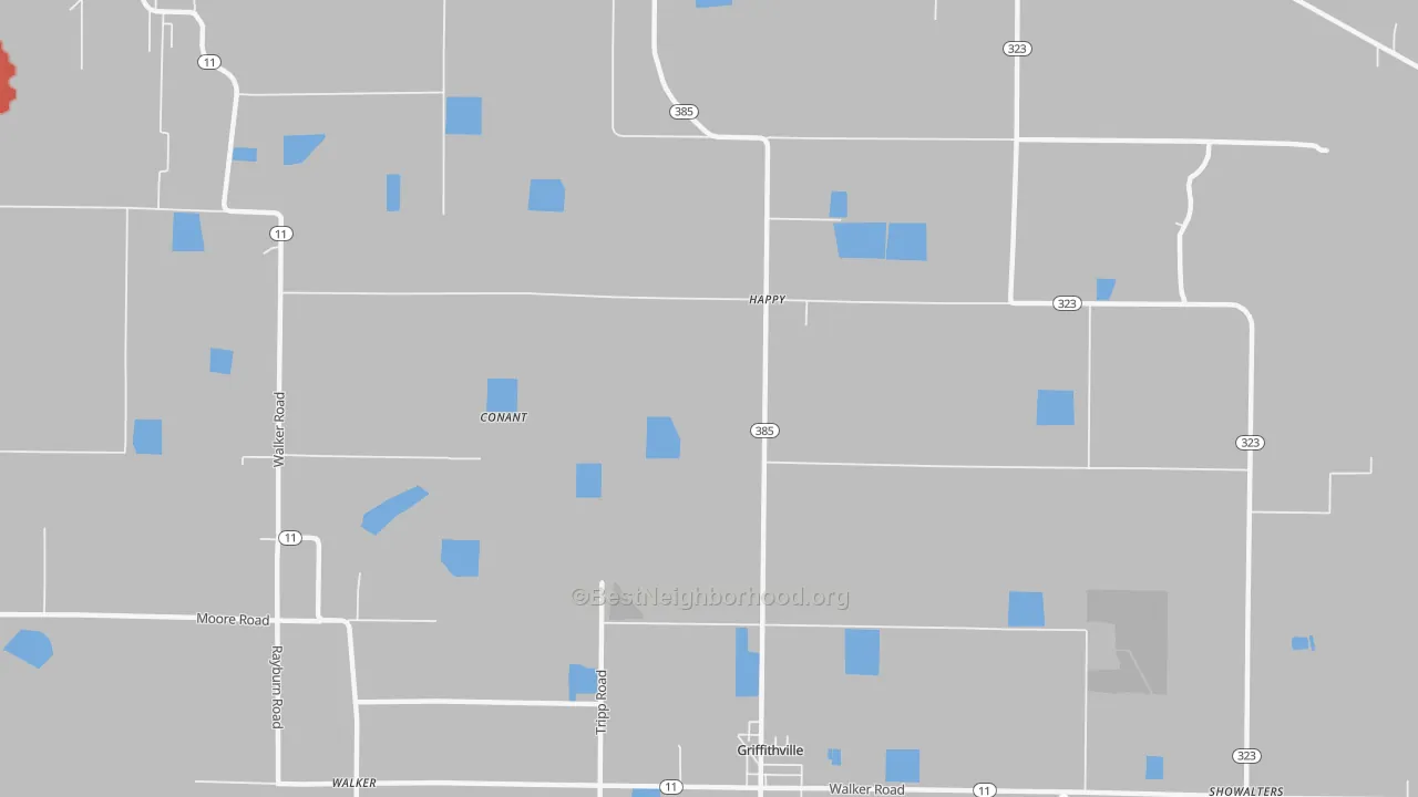 Walk Grade map of Happy, AR, walkable areas in green and car-dependent areas in red