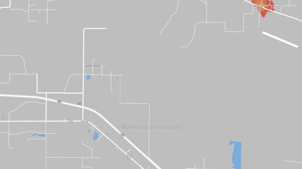 Walk Grade map of Happy Bend, AR, walkable areas in green and car-dependent areas in red