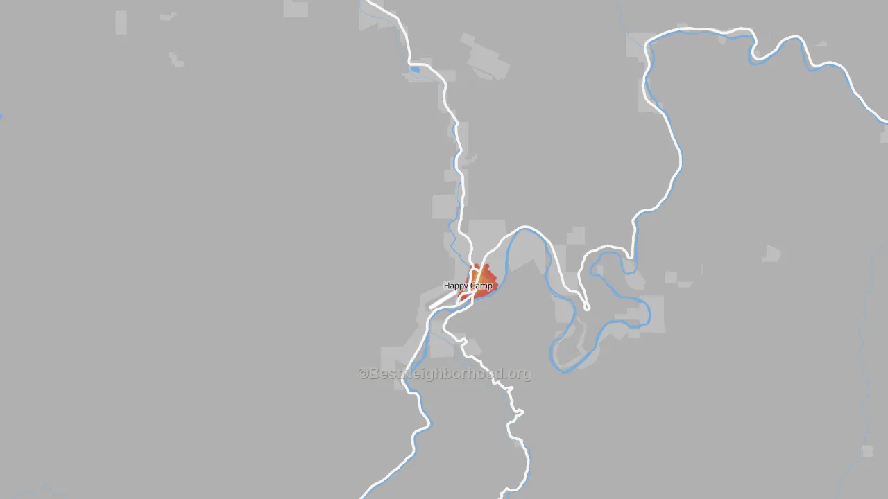 Walk Grade map of Happy Camp, CA, walkable areas in green and car-dependent areas in red